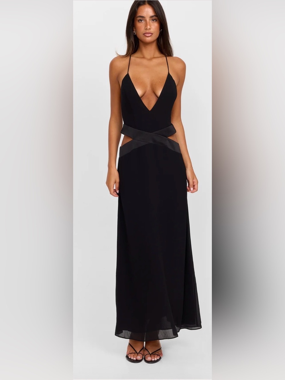 Plunge Neck Black Maxi Dress with Cutout Waist